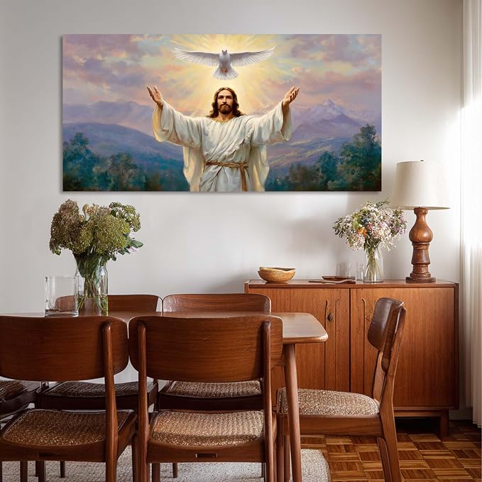 Ggaafet Jesus and Pigeon Wall Art for Living Room Canvas Oil Painting Prints Halo God Universal Love Spiritual Faith Art Deco Classic Artwork Office Bedroom Family Dining Room Decor Large