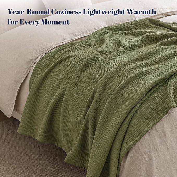 PHF 100% Cotton Muslin Blanket Queen Size 90"x90", 4-Layer Lightweight Gauze Throw, Breathable Cloud-Soft Minimalist Blanket for Bed, Couch, Camping & Baby, Olive Green, Ideal Gift