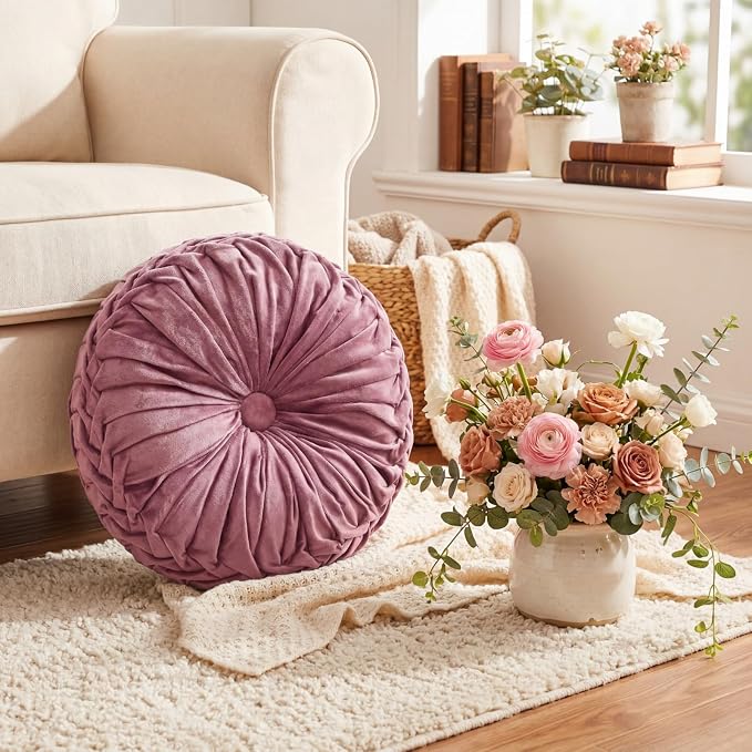 Drydiet 1 Pcs Round Throw Velvet Pillows Decorative Pleated Throw Pillows Diameter Accent Pumpkin Boho Chair Cushion for Couch Sofa Home Decoration (Mauve Rose,15'')