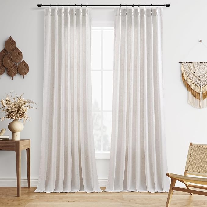 Guken Beige Linen Pinch Pleated Curtains 96 Inch Length 2 Panels 8 FT Boho Farmhouse for Living Room Bedroom Window Privacy Light Filtering Semi Sheer Back Tab Drapes with Hooks for Dining Room 40x96