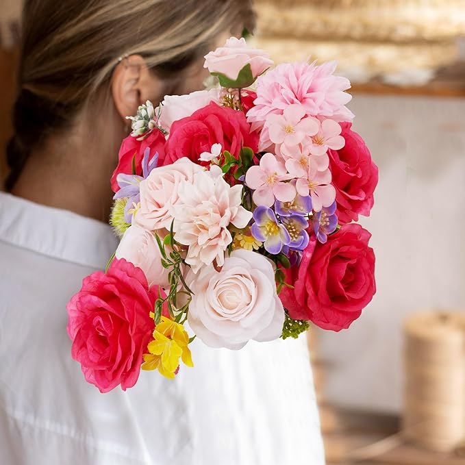 Artificial Flowers Combo Box, 30PCS Fake Flowers, Silk Flower Mix with Wire Stem, DIY Wedding Bridal Bouquet for Arrangement, Shower Party Home Décor, Hot Pink & Rose Mix