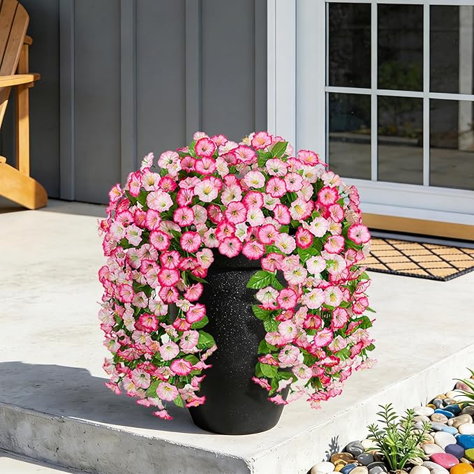INXUGAO Artificial Fake Hanging Flowers Plants for Outdoor Decoration, 2PCS Faux Silk Morning Glory Long Vines Stems UV Resistant Look Real for Spring Summer Outside Home Porch Patio, Pink