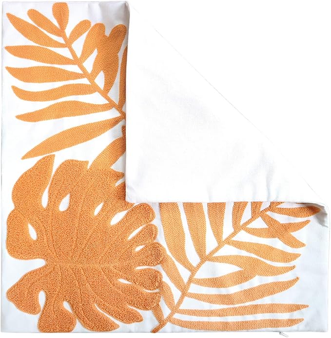Embroidery Throw Pillow Covers 18x18 Home Decor Floor Pillow Cover for Couch Bed Chair 100% Cotton Loop Embroidered Orange Tropical Leaves Cushion Cover Square Pillowcase 45x45cm, 1 Piece