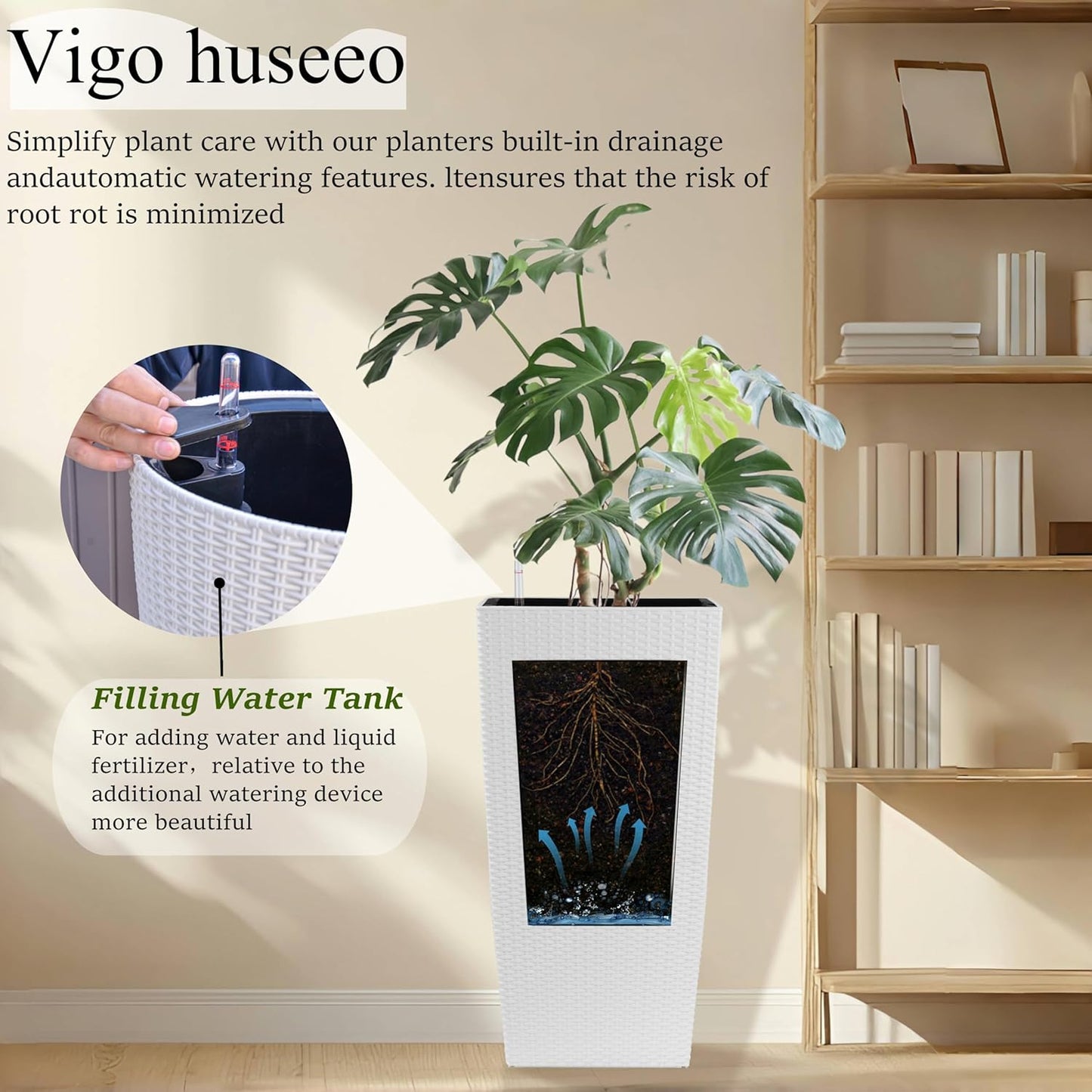 2Pcs 23in High Large Plant Pots Planter-Self-Watering,Modern Planter with Drain Holes,Water Level Monitor,Inner Bucket for Indoor/Outdoor Front Porch Patio,White Rattan