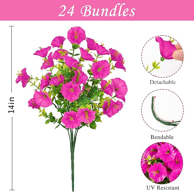 Waipfaru 24 Bundles Artificial Flowers for Outdoors Faux Plants Outdoor, UV Resistant Artificial Plants Outdoor, Silk Petunias Fake Flowers for Outside Home Decor Planter Porch Decoration, Rose Red
