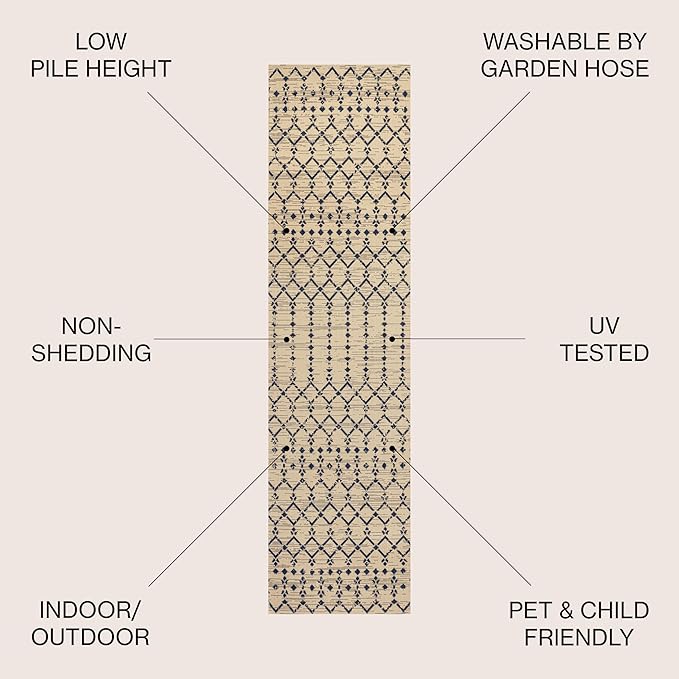 JONATHAN Y Moroccan Geometric Indoor Outdoor Runner Rug 2X8 Beige/Navy, Ourika Textured Weave for Backyard, Patio, Porch, Easy-Cleaning, High Traffic, Pet-Friendly, Non-Shedding (SMB108H-28)