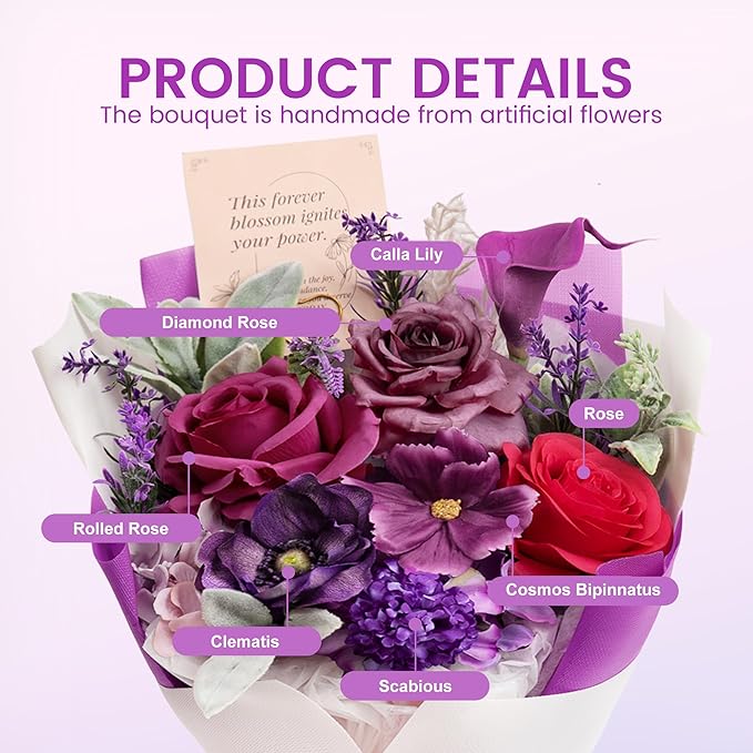 TINGE TIME Mothers Day Preserved Flowers Bouquet, Forever Flowers Gifts for Mom, Birthday Gifts for Women, Eternal Roses Bouquet for Grandma Wife Anniversary Graduation(Purple)