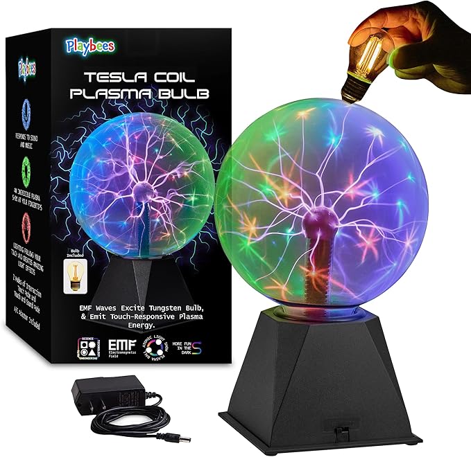 Playbees Colorful Plasma Ball 7-Inch – Tesla Coil Globe with Multicolor Lightning Effects, Plug-in Static Electricity Prop for Parties, Decorations, and STEM Learning