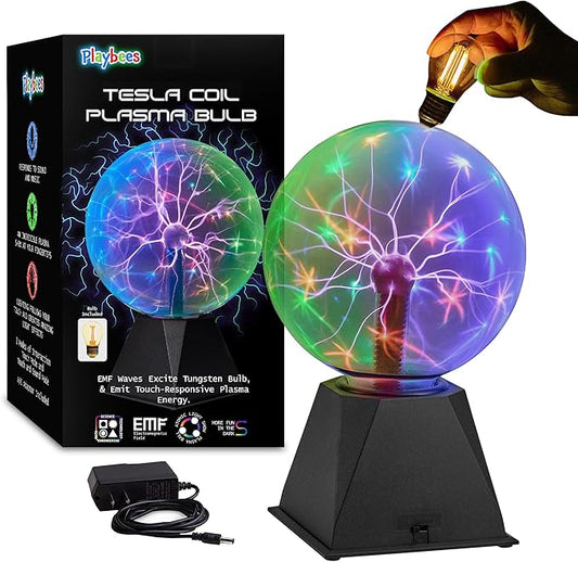 Playbees Colorful Plasma Ball 7-Inch – Tesla Coil Globe with Multicolor Lightning Effects, Plug-in Static Electricity Prop for Parties, Decorations, and STEM Learning