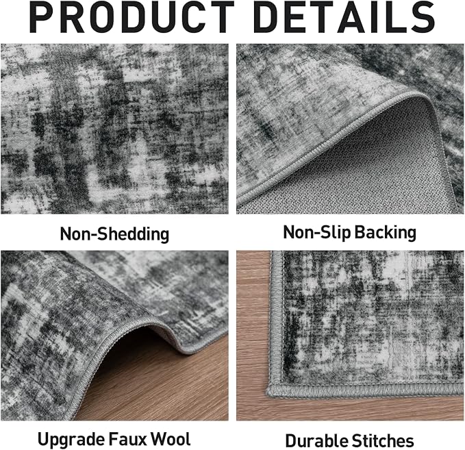 4x6 Area Rugs Washable Rug: Modern Abstract Living Room Rug Soft Anti-Skid Thin Carpet Indoor Floor Non-Shedding Carpets for Bedroom Dining Room Farmhouse Nursery Home Office - Black