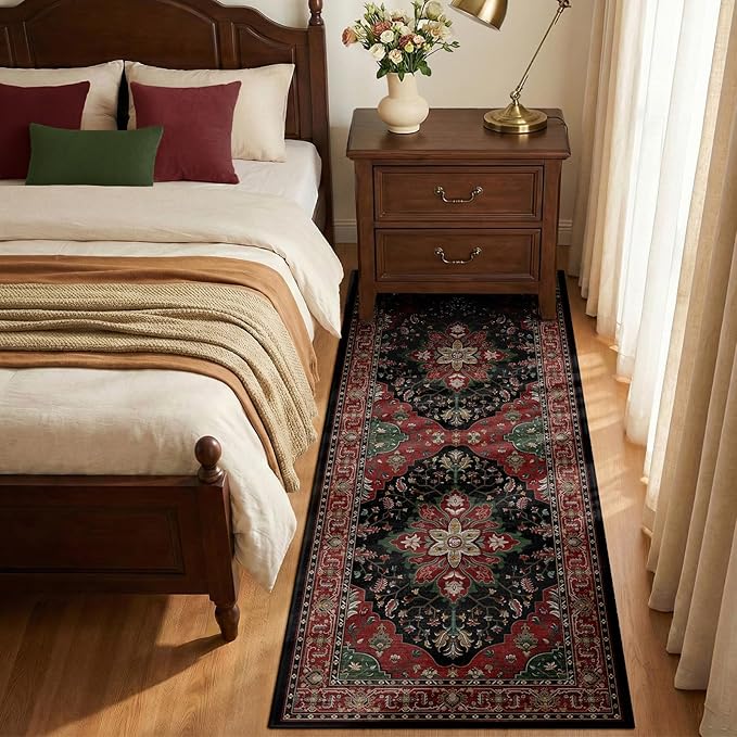 RELEANY Area Rugs 2'x6' Runner Rug Non Slip Washable for Kitchen Hallway Bedroom Beside Laundry Room Bathroom Rug, Floor Carpet, Red Black