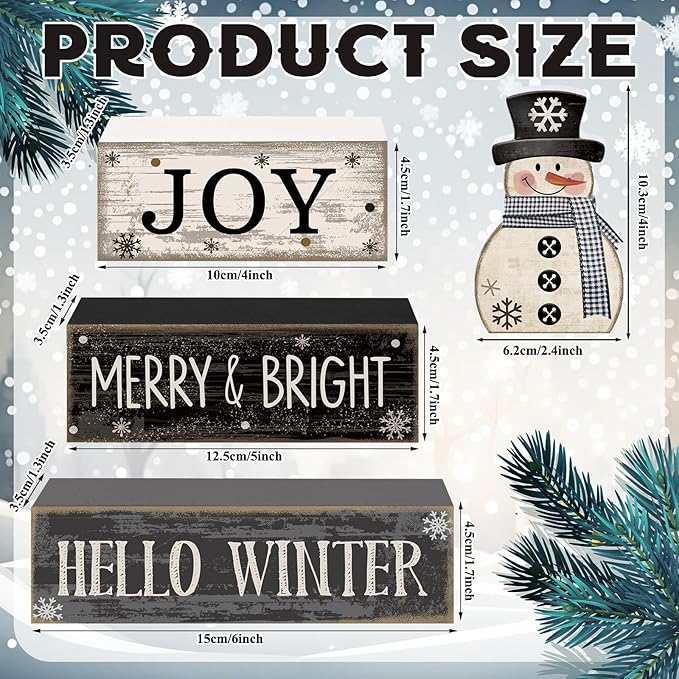Lineshading 4 Pcs Winter Table Decorations Wooden Snowman Black and White Winter Tiered Tray Decor Christmas Centerpiece Decorations Rustic Wooden Snowman Block Sign Gifts Farmhouse for Home Kitchen