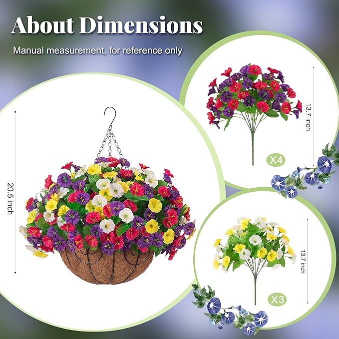 Ammyoo Artificial Fake Hanging Flowers with Basket, Faux Silk Morning Glory Flower Arrangement for Spring Summer Decor, Hanging Plant for Patio Garden Porch Outdoor Decor