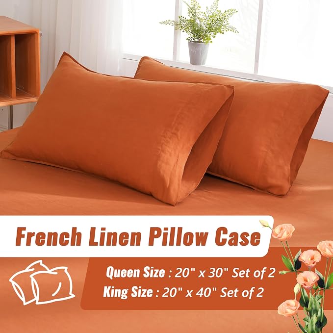 Linen World French Linen Pillowcase Set of 2 - Stone Washed,Moisture-Absorbing,Queen Size (20''x30''),Rust