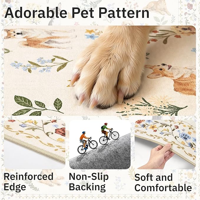 Soalmost Dog 5x7 Area Rugs for Living Room, Machine Washable Animal Floral Vintage Rug Non-Slip Low Pile Soft Throw Rugs for Kitchen Dining Room Bedroom Nursery Playroom (5 x 7,Beige)
