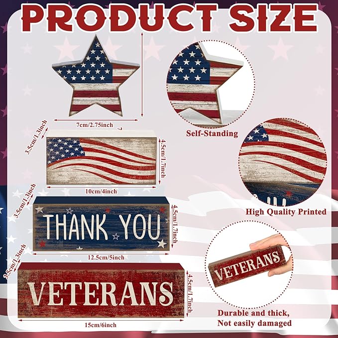 CroBlissful 4 Pcs Memorial Day Decorations Patriotic 4th of July Tabletop Decorations Red White Blue Table Centerpieces Star Sign for Office Tiered Tray Home Shelf 250th Anniversary