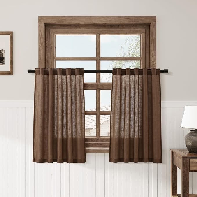 Caramel Brown Kitchen Short Linen Curtains 36 Inch Length 2 Panels Semi Sheer Linen Light Filtering Valances Back Tab Rod Pocket Design for Small Windows Drape Cafe Bathroom Laundry Room RV 30Wx36L