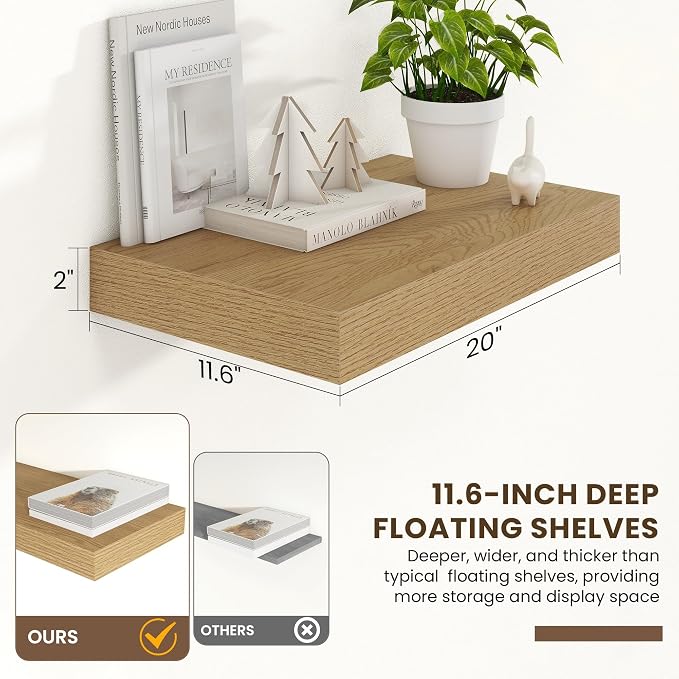 FLYJOE 20 Inch Floating Shelves, 12 Inch Deep Floating Shelves Set of 2, 20''W x 12''D Oak Shelves for Wall, Bathroom Available, Engineered Wood, Mounting Hardware Included