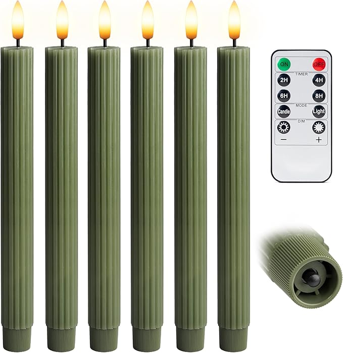 6 Pack, 10" LED Flameless Real Wax Sage Olive Loden Green Fluted Ribbed Grooved Taper Candles, Remote & 24h Timer Memory, On/Off Button, Dimmable, Flicker Mode, Battery Operated, Wedding