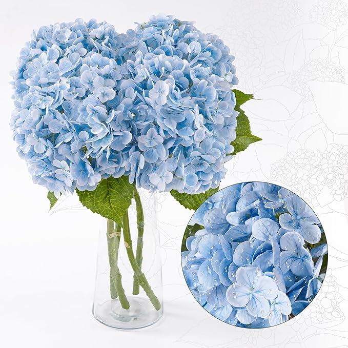 4 Pcs Blue Hydrangea Artificial Flowers 21" Real Touch Hydrangea Fake Flowers in Vase Latex Faux Hydrangea Flowers for Home Floral Arrangements Wedding Bouquets Kitchen Table Centerpiece Decoration