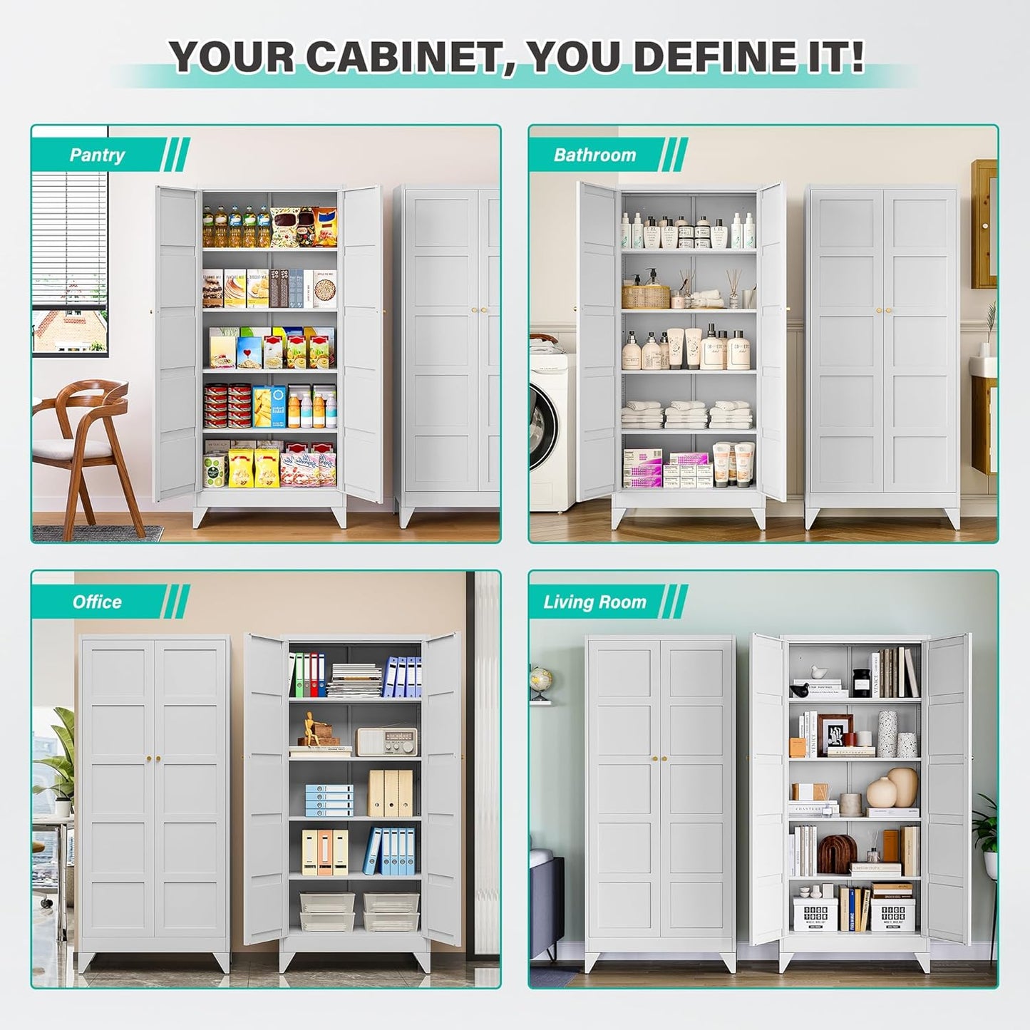 Metal Storages Cabinet with 2 Doors and 5 Shelves,Tall Storage Cabinet,Large Cupboard Closet,Pantry Storage Cabinet for Home,Office,Bathroom,Dining/Living Room (White, 71" H)