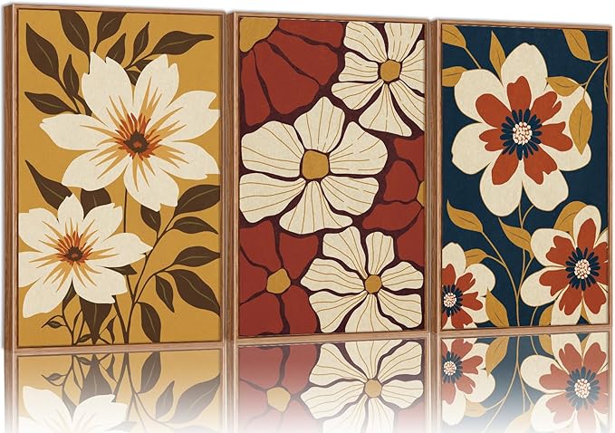 Rantodecor Large Vintage Floral Framed Canvas Wall Art Set, Mid Century Modern Wall Decor, Minimalist Retro Flowers Art Paintings, Beige Neutral Botanical for Bedroom Living Room Office 24"x36"x3