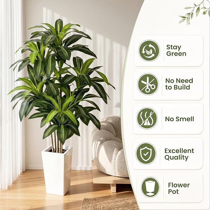 Artificial Dracaena Tree 5FT, Stable Multi-Trunk Fake Tree Indoor with White Tall Planter,Faux Silk Plant for Living Room Office Decor, UV Resistant Realistic Leaves