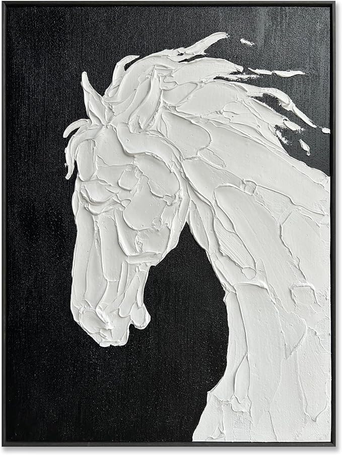 Sofoney - Black Framed Black and White Textured Wall Art Hand Painted 3D Plaster White Horse Oil Painting Modern Minimalist Canvas Wall Decor for Living Room Bedroom - 24"x32"