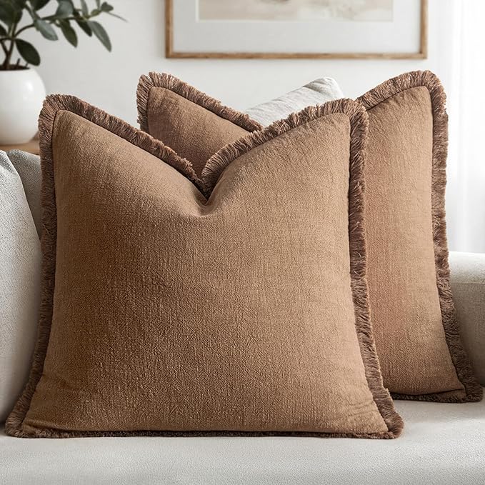 MIULEE Decorative Throw Pillow Covers Neutral Linen Fringe Throw Pillows Euro Shams Set of 2 Brown Boho Farmhouse Cushion Covers for Couch Sofa Bed Living Room Fall Home Decor 28x28 Inch