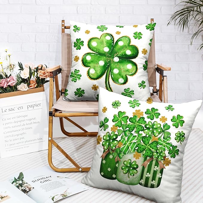 Set of 2 Lucky Charm Shamrock Vase Pillow Cases Polka Dot Clover Pillow Covers 16x16 st Patricks Day Cushion Cases for Sofa Couch Home St Patricks Day Indoor Outdoor Decor