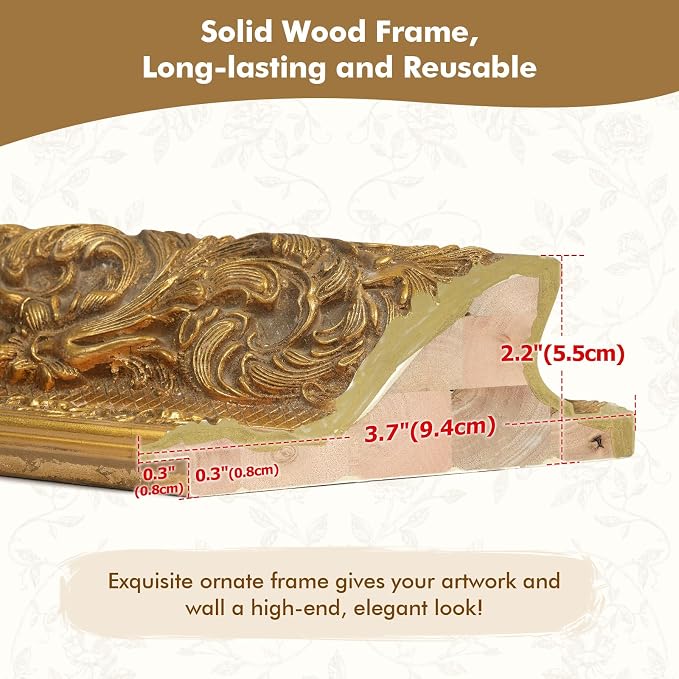 DIY Solid Wood Ornate Frame for 20x24 Vintage Oil Paintings, No Glass & Back, 3.7" Wide Traditional Canvas Frames for Art Lover Housewarming Birthday Wedding Grandparents Teacher Gift (Gold)