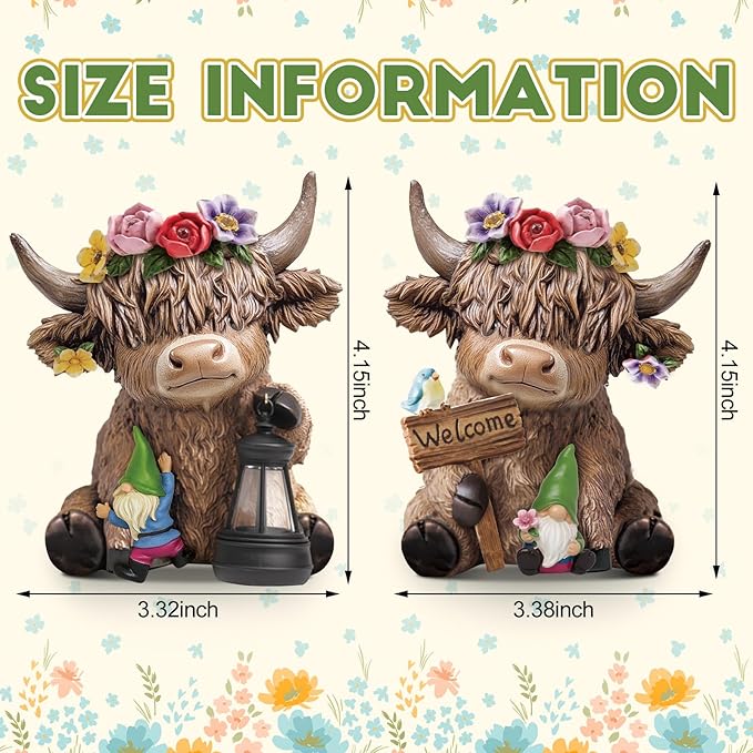 Karenhi 2 Pcs Spring Highland Cow Figurines, Garden Flower Crown Resin Cow Statues with Lantern & Welcome Sign, Gnomes Calf Lovers Gifts for Home Garden Kitchen Office Tiered Tray Table Decor