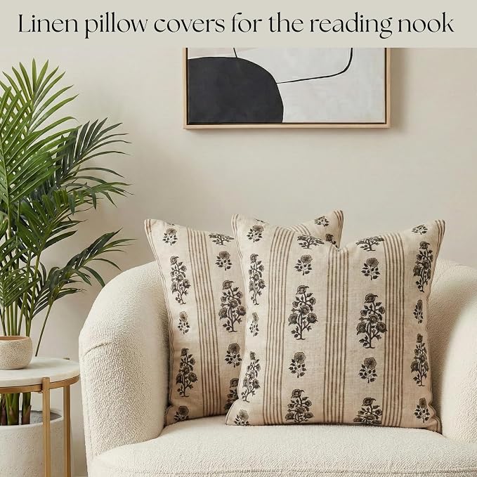 Linen Blue Throw Pillow Covers 18x18 inch Beige Stripe Floral Pillows Spring Decorative Pillow Covers for Living Room Bedroom