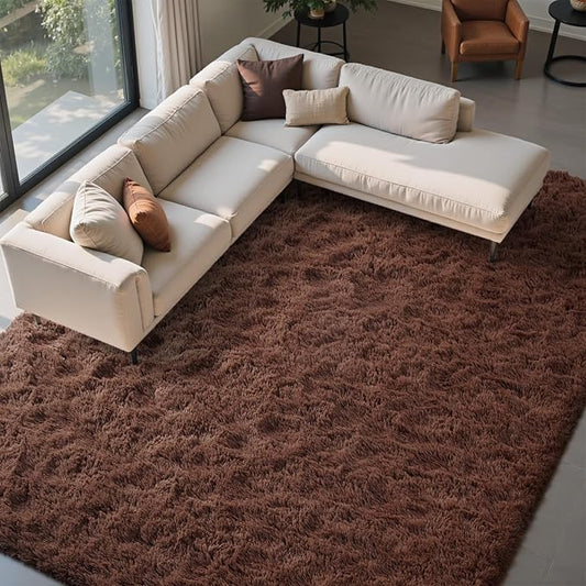 FinRèc 9x12 Rugs for Living Room Bedroom, Dark Brown Fluffy Shaggy Area Rug, Non-Slip Soft Shag Rug for Nursery Kids Room Dorm Room Home Decor, Indoor Plush Floor Carpet