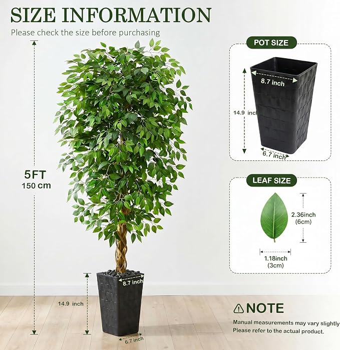Artificial Ficus Tree 5FT Faux Floor Tree with Planter UV Resistant Potted Fake Silk Plant - Faux Trees Indoor Outdoor Lifelike Fake Ficus Tree for Home, Living Room Bedroom Topiary Tree