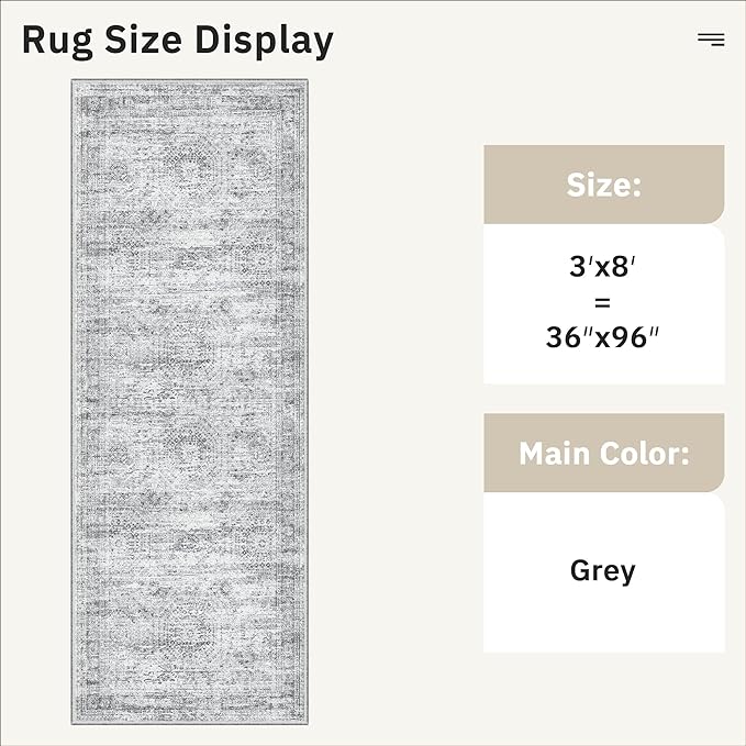 Soalmost Runner Rug 3x8 Washable Non-Slip Hallway Runner Rugs for Kitchen Bathroom Laundry Room Grey Vintage Floor Carpet Runners for Hallways Entryway