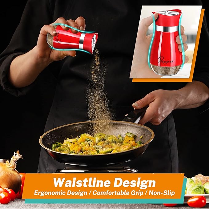 Red Salt and Pepper Shakers Set with Holder,4 oz Cute Christmas ktichen Decor and Accessories Theme Set Home Essentials Housewarming Gifts Refillable Design (Red)