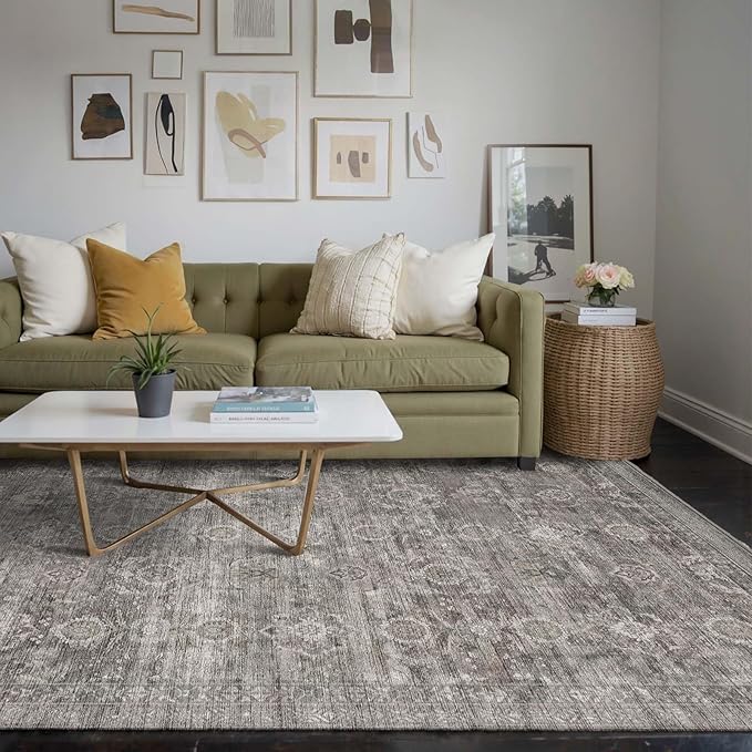 Rugxara Area Rugs 5x7 for Living Room Bedroom, Grey Washable Rug, Vintage Retro Boho Rug, Non Slip & Low Pile Faux Wool Thin Carpet for Indoor Dining Room, Dorm and Kids Room(Taupe/Grey 5x7ft)