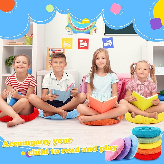 Fumete 8 Pcs 16 Inch Floor Cushions Pillow for Kids Bulk Classroom Round Flexible Seating Floor Cushions for Students Home Daycare School Reading Corner Yoga Meditation Picnic (Classic Rainbow)
