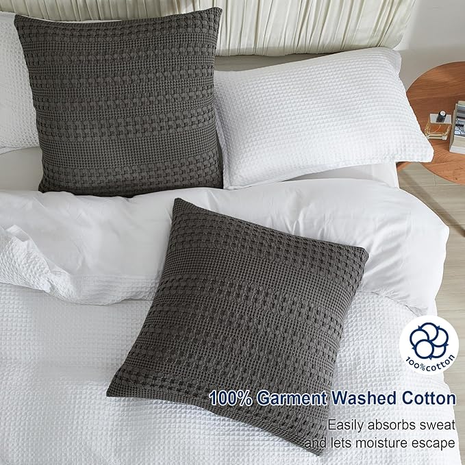 PHF 100% Cotton Waffle Weave Euro Sham Covers, 2 Pack 26" x 26" Bed Pillow Covers for Elegant Home Decor, No Filling, Luxury Aesthetic Soft Euro Pillow Cases for Bed, Charcoal Grey