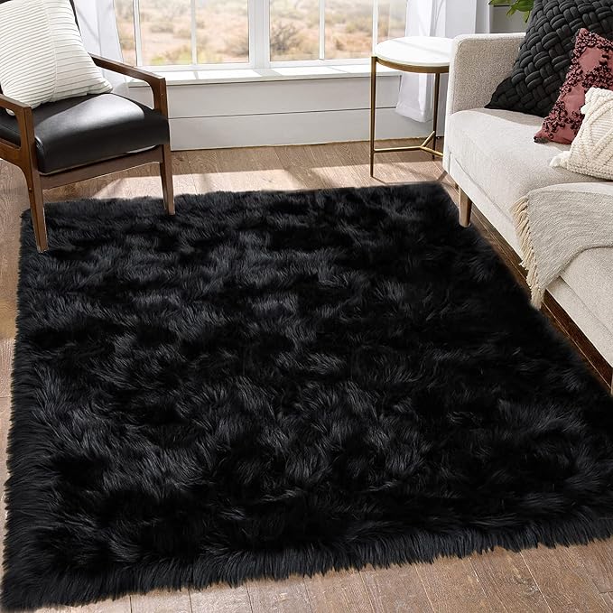 Goolela Black Area Rug 6x9 Fluffy Fuzzy Furry Shag Faux Sheepskin Fur Rug for Living Room Bedroom Plush Soft Rectangle