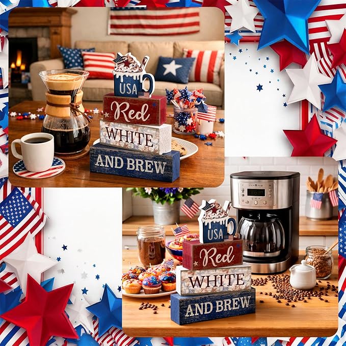 CroBlissful 4 Pcs 4th of July Decorations Patriotic Memorial Day Tabletop Decoration Red White Blue Table Centerpieces USA Coffee Sign for Office Tiered Tray Home Shelf 250th Anniversary
