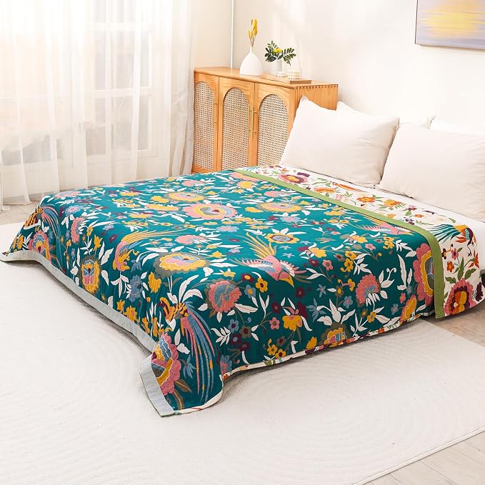 Boho Throw Blanket for Bed Couch 100% Cotton Ultra Soft Large Rustic Quilt King Blanket,Bird Floral Printed Farmhouse Bed Blankets 90"×98", Decorative Reversible Muslin Bed Cover for All Seasons