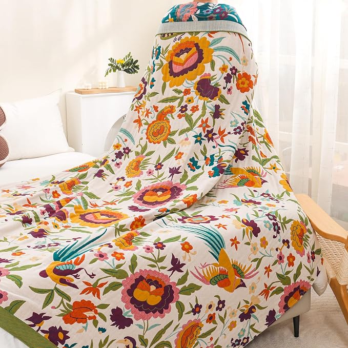 Boho Throw Blanket for Bed Couch Sofa,100% Cotton Ultra Soft Large Throw Blanket,Floral Bird Decor Bed Blankets 60"×80",Decorative Reversible Muslin Bed Cover for All Seasons