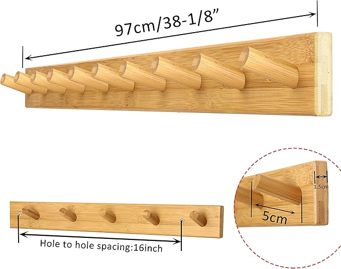 WEBI Coat Rack Wall Mounted,10 Hooks,38" Long Coat Hanger Wall Mount,Peg Rail Hat Hooks for Hanging Caps,Jacket,Clothes,Coats,Natural