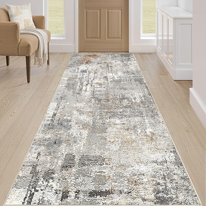 Runner Rug Kitchen Washable Rugs: 3x8 Non-Slip Abstract Soft Modern Stain Resistant Indoor Floor Neutral Accent Throw Carpet for Hallway Bathroom Laundry Room Entryway Bedroom- Gray Rust