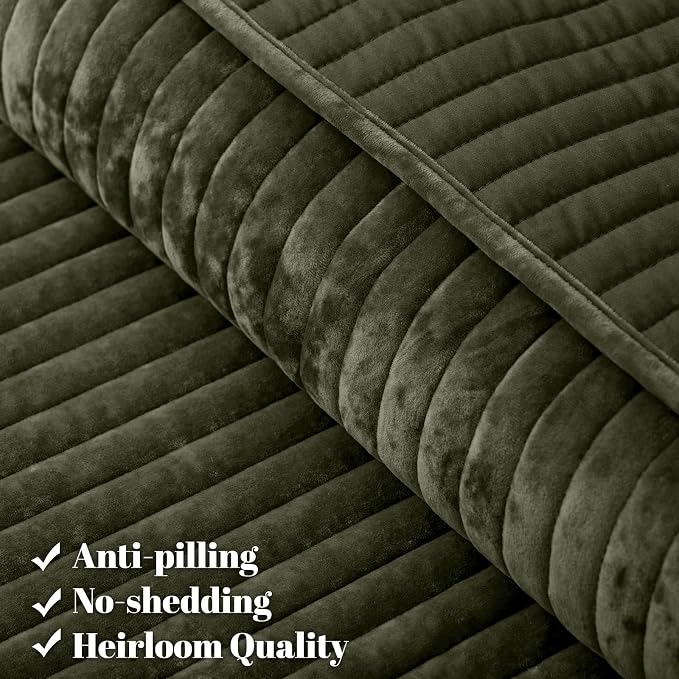 PHF Luxury Velvet Quilt Set Queen Size – 3PCS Ultra Soft Quilted Comforter Alternative with Striped Channel, Cozy Quilted Bedspread, 1 Coverlet with 2 Matching Shams, 90" x 92", Smokey Olive