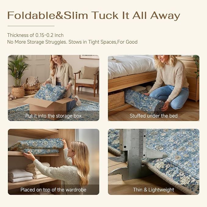 HUGEAR 5x7 Machine Washable Rugs Light Blue Hallway Area Rug Indoor Accent Rug Floral Low Pile Carpet Soft Throw Aesthetic Rug Bedroom Living Room Office Dining Room Kitchen Laundry Room Non Slip