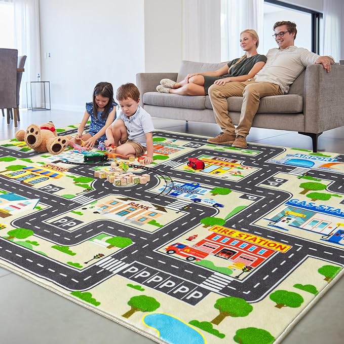 Car Rug Play Mat for Kids Toy Cars, City Road Traffic Playmat for Kid Bedroom, Non-Slip Machine Washable Kids Rugs for Learn and Have Fun 3'x4'/ 36"x48", Beige