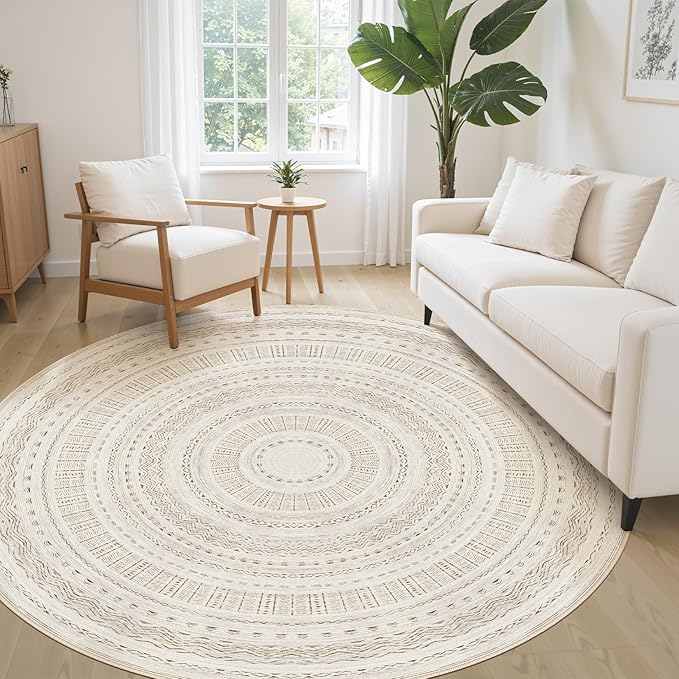cotiled 6x6 Round Area Rug Living Room: Washable Boho Rugs with Non Slip Backing Large Soft Indoor Stain Resistant Carpet for Bedroom Farmhouse Dining Room Lightweight Home Decor Brown/Cream